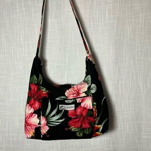 Hawaiian Tote Tropical Floral Black Shoulder Bag Zippered Main and Side Pocket